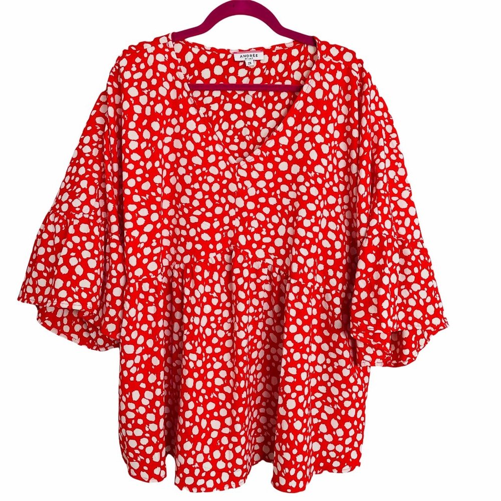 Andree By Unit Women's Red and White V Cut Puff Sleeve Blouse Top Size 2X